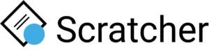 Scratcher logo. People first! A black rhombus with a blue dot. Black inscription