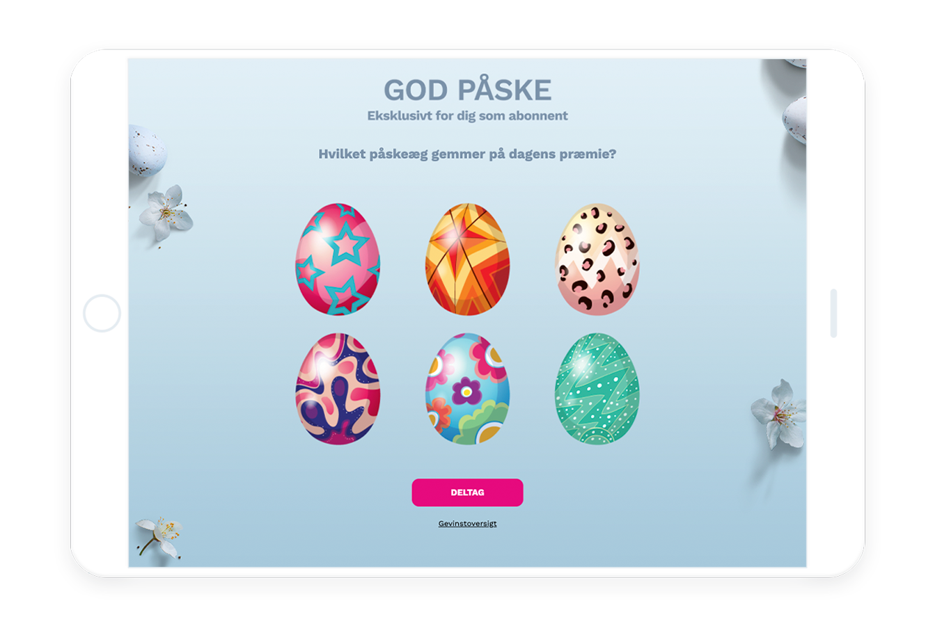 Light blue background. Six colorful easter eggs. Mystery Box for seasonal customer activation