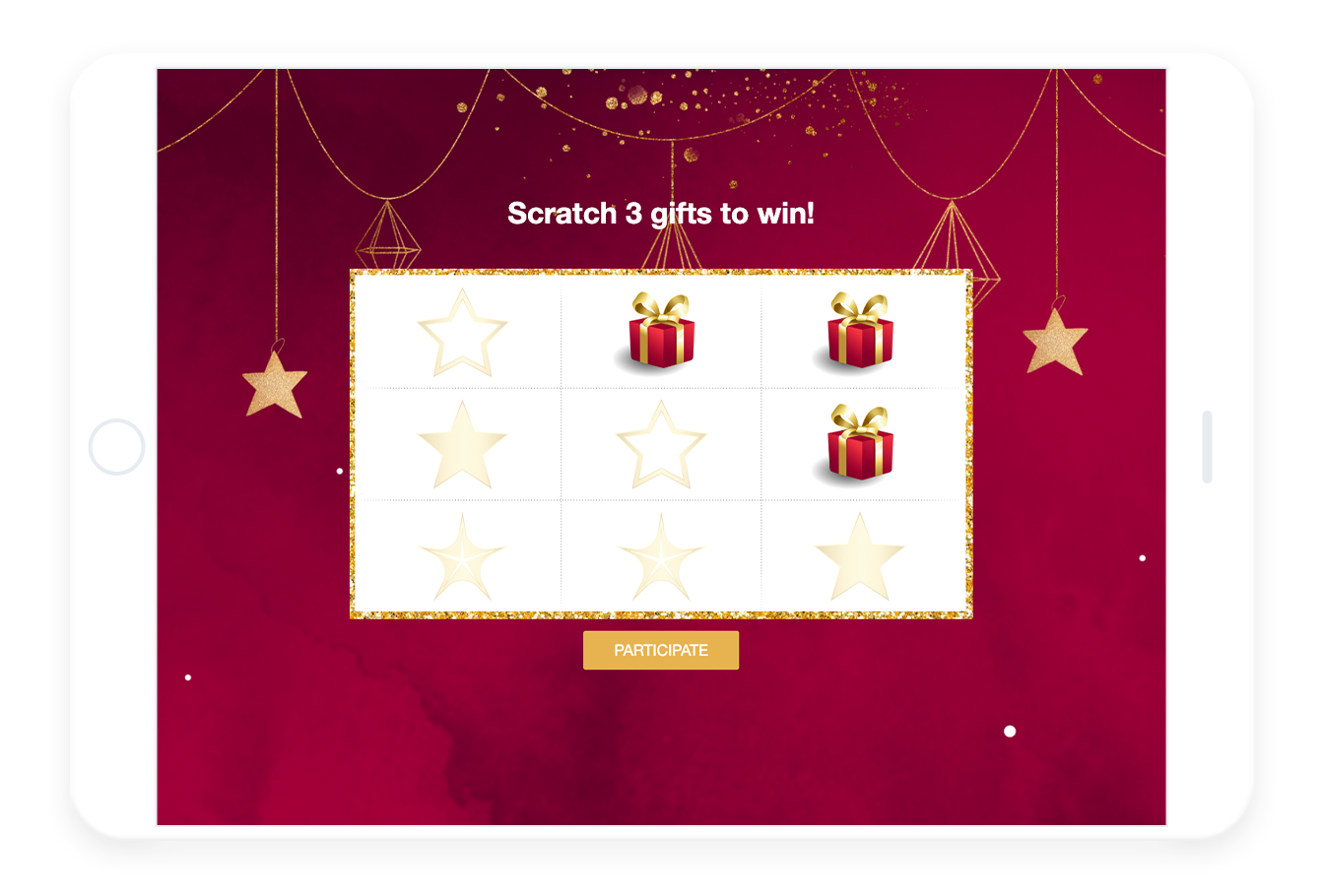 Christmas scratchcard, red background, three presents are already revealed