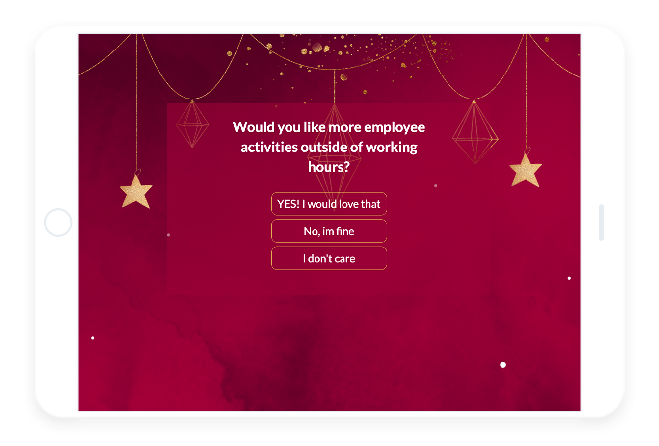 christmas personality test, red background. red popup with the question