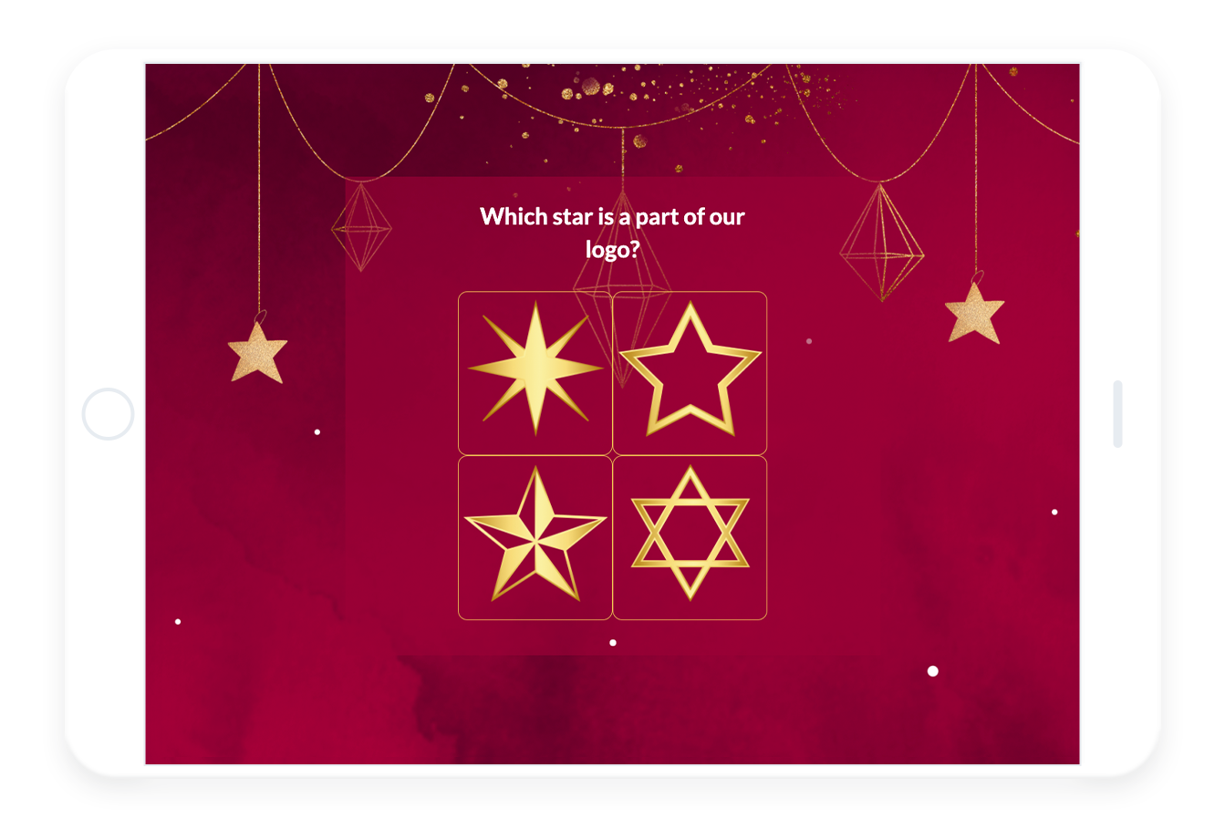 christmas quiz, red background. four tiles with star-shaped decorations