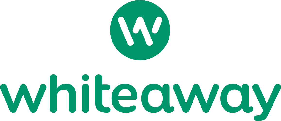 whiteaway logo. green dots with a with "W", green inscription