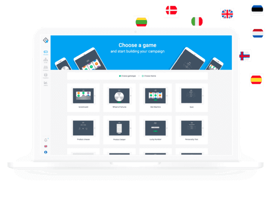 Laptop with the different gamification resources. bubbles with flags on the background, danish, lithuanian, italian, dutch, spanish and other flags