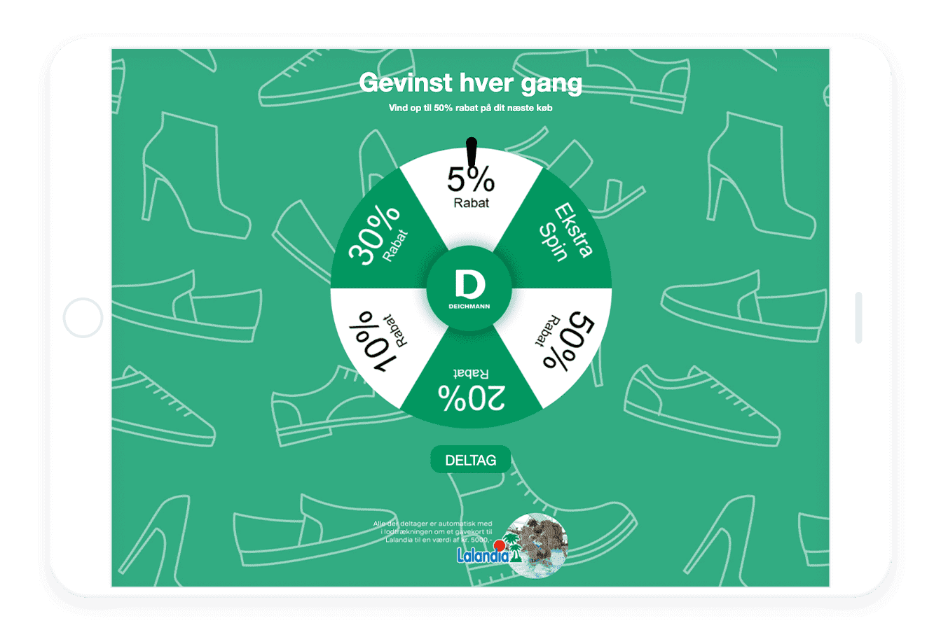 green and white spin a wheel feature. green background with simplified shoes. The wheel prizes are 5-50% off
