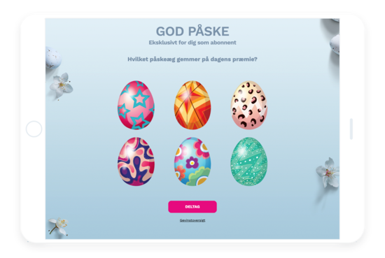 Mystery Box for seasonal customer activation. Six colorful easter eggs, light blue background