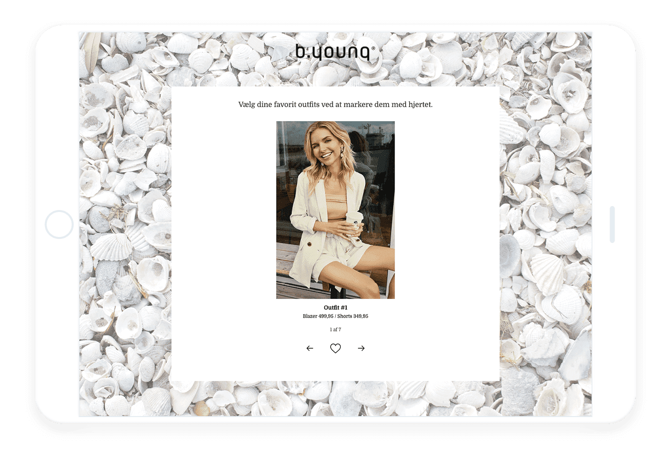 Product swipe with the image of a top model dressed in white. Shells on the background.